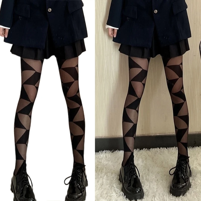 

Women Harajuku Sexy Thin Transparent Pantyhose Irregular Geometric Rhombus Pattern Sheer Tights Bottoming Stockings