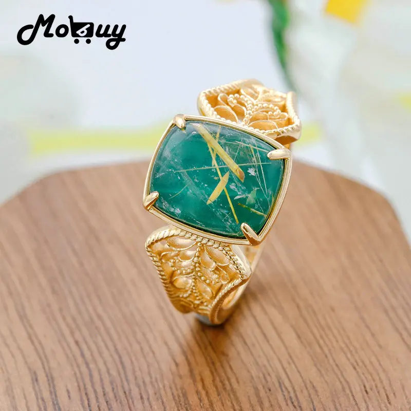 

Кольцо MoBuy с драгоценным камнем в винтажном королевском стиле для женщин, натуральное золото, рутилированный кварц, малахит S925, серебряные позолоченные ювелирные изделия