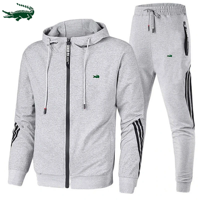 2023 autumn and winter new men's hooded  lattice coat+casual sports pants set S-3XL