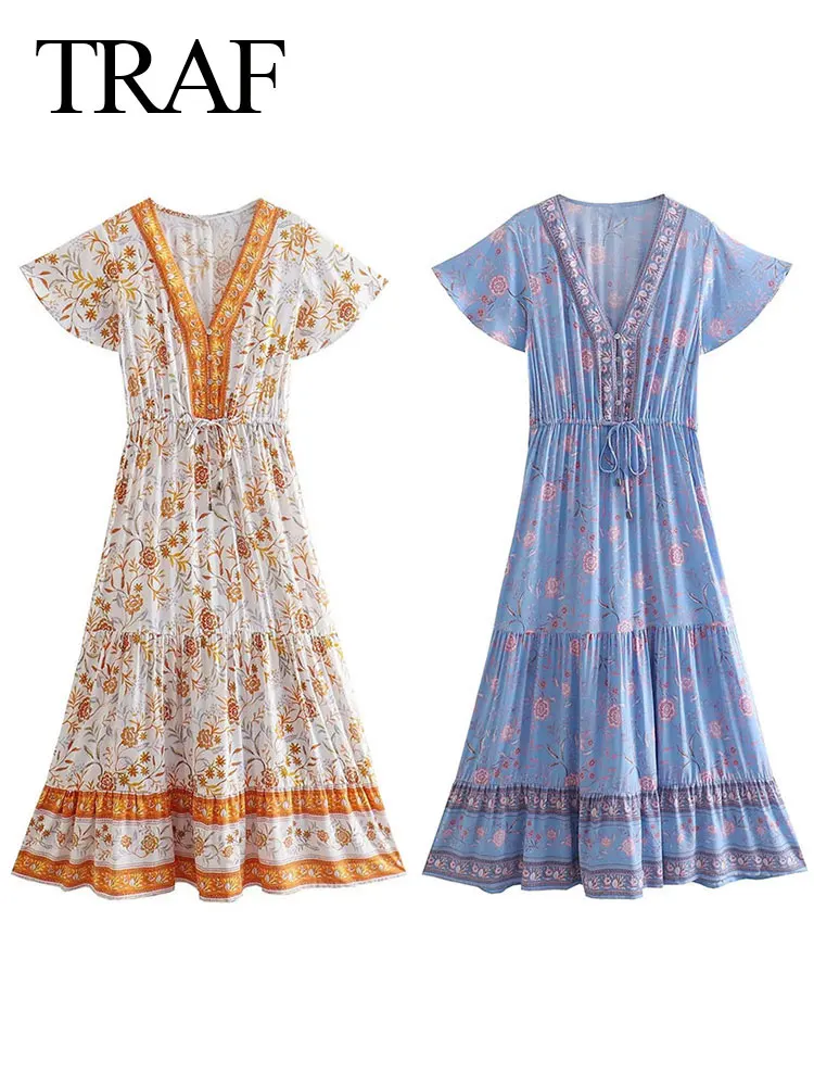

TRAF 2022 Fashion Elegant Flower Print Beige And Blue Vintage Drawstring Flying Sleeve Pleated Skin Friendly Summer Long Dress