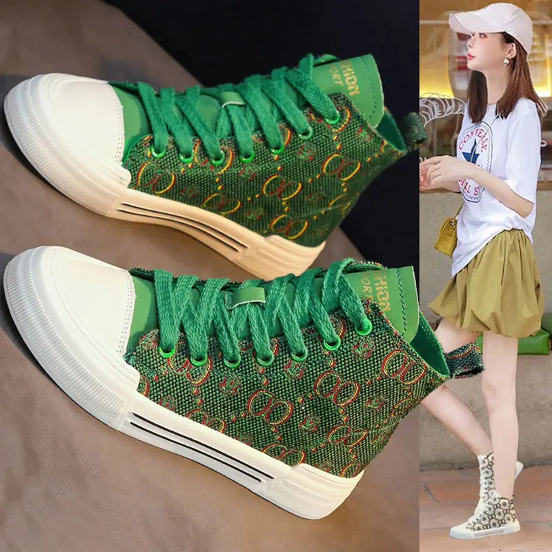 

On Platform Thick Bottom Sneaker Women's Sports Shoes for Gym Green High Top Canvas Woman Shoe Casual Autumn Chunky Fashion Flat