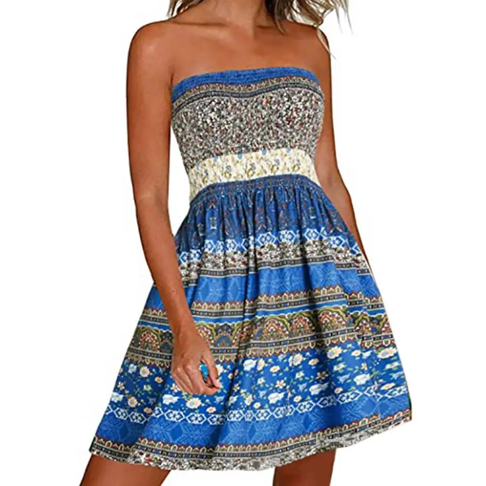 

Off Shoulder Sleeveless Big Hem Boho Dress Bohemia Floral Print Mini Tube Dress Slim Above Knee Big Hem Mini Dress for Daily