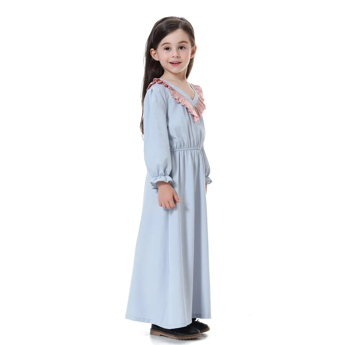 V-neck European Clothing Islamic Girl Long Dress Summer Black Grey Rose Red Popular Dubai Saudi Tukey Sweet Casual Robe Kaftan