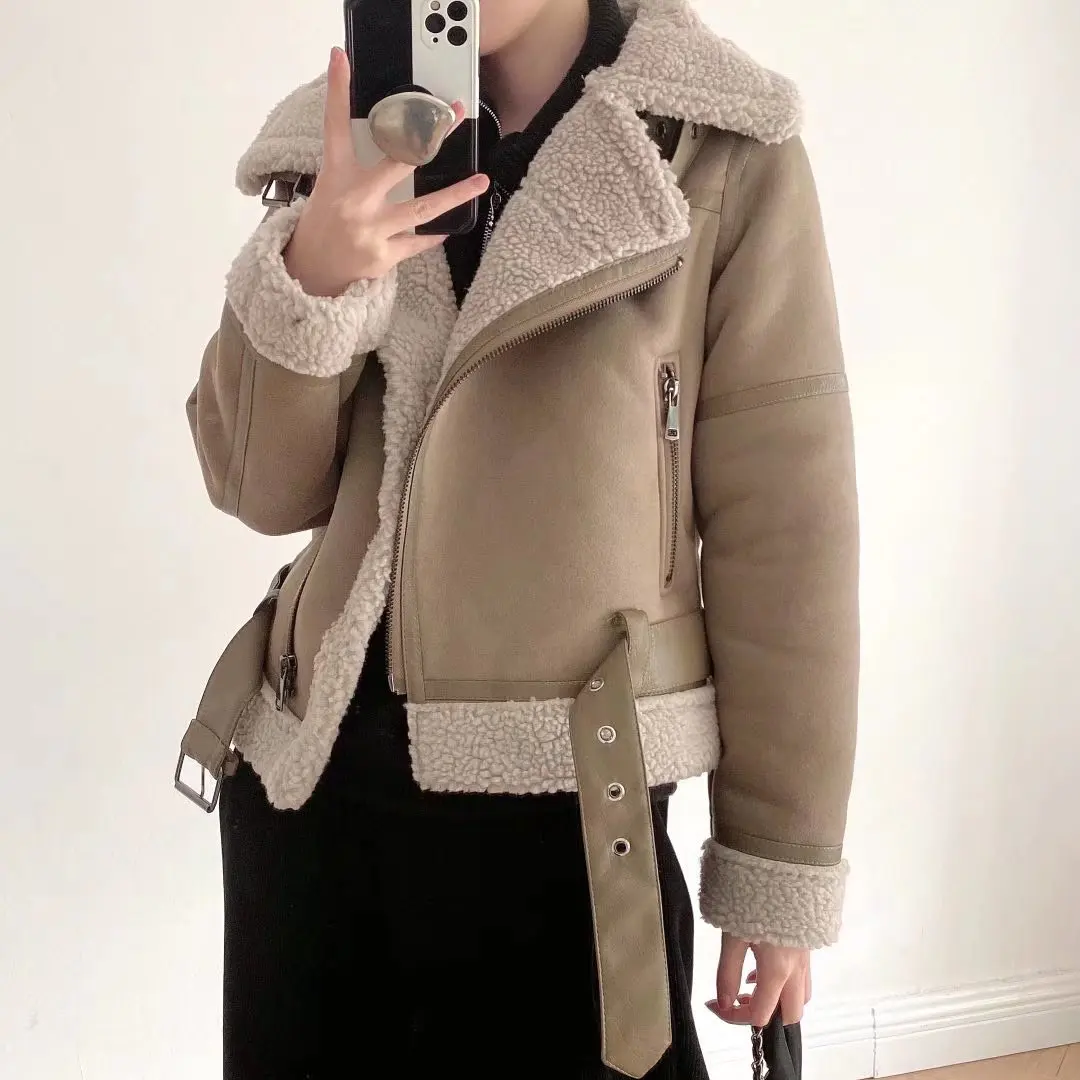 

Women's Fashion Two Tone Lamb Wool Biker Jacket Vintage Thick Warm Long Sleeve Zipper Female Outerwear Chic Top Mujer