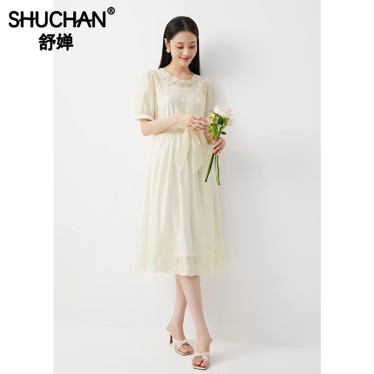 

SHUCHAN Embroidery Hollow Out Long Dresses for Women Polyester Lyocell A-LINE Zipper Mid-Calf O-Neck Summer Dress