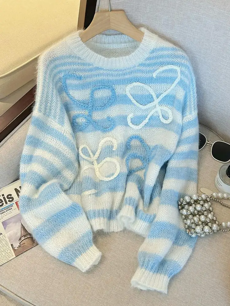 Новый однотонный женский вязаный свитер с круглым вырезом и цветочным крючком