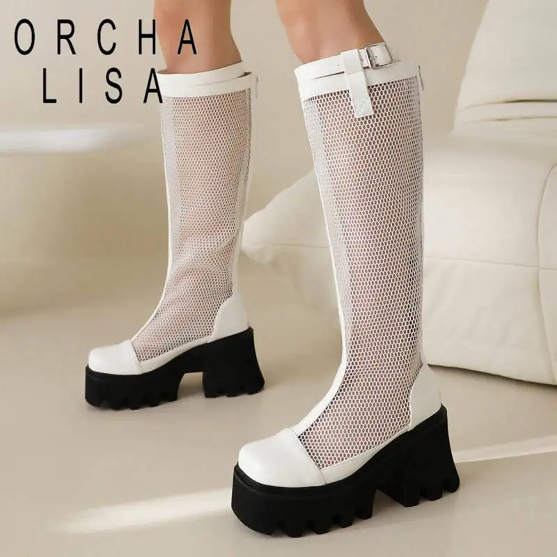 

ORCHA LISA Brand Shoes For Women Summer Boots Square Toe Chunky Heels 8cm Platform 4.5cm Zipper Buckle Strap Mesh Big Size 42 43