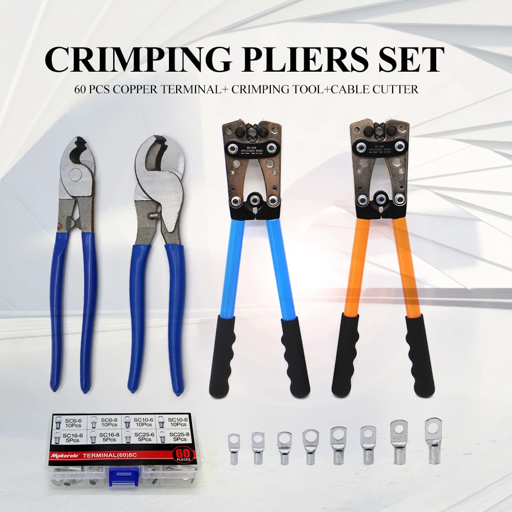 

HX-50B Wire Crimper 60pcs Assortment Auto Copper Terminal Cable Crimping Tool With Battery Terminals for Heavy Duty Copper Lugs