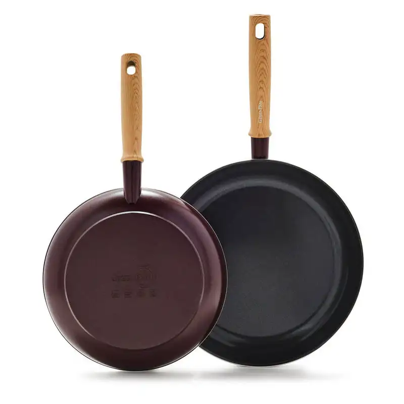 

Healthy Ceramic Nonstick, 9.5" and 11" Frying Pan Skillet Set, Wood Inspired Handle, PFAS-Free, Dishwasher Safe, Merlot Red