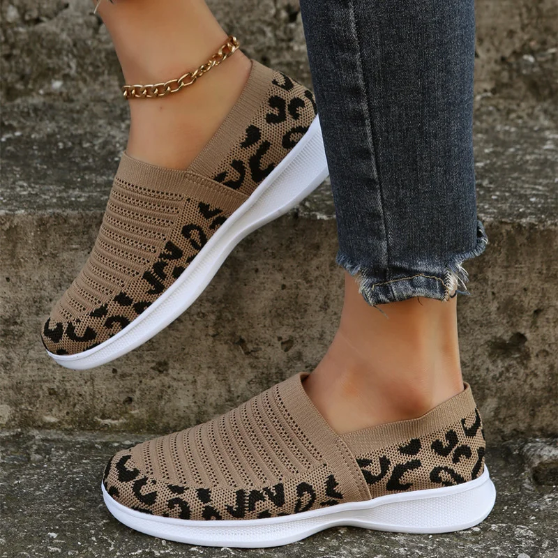 Women's Leopard Slip-on Sneakers Autumn 2023 New Mesh Breathable Female Low-heeled Flat Sport Shoes Ladies Walking Daily Sneaker