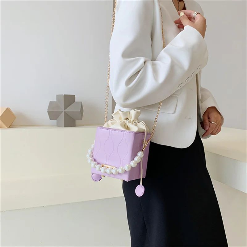 Women Mini Crossbody Bags Drawstring Bags Lilac Clutch Bag Leather Square Bucket Bag