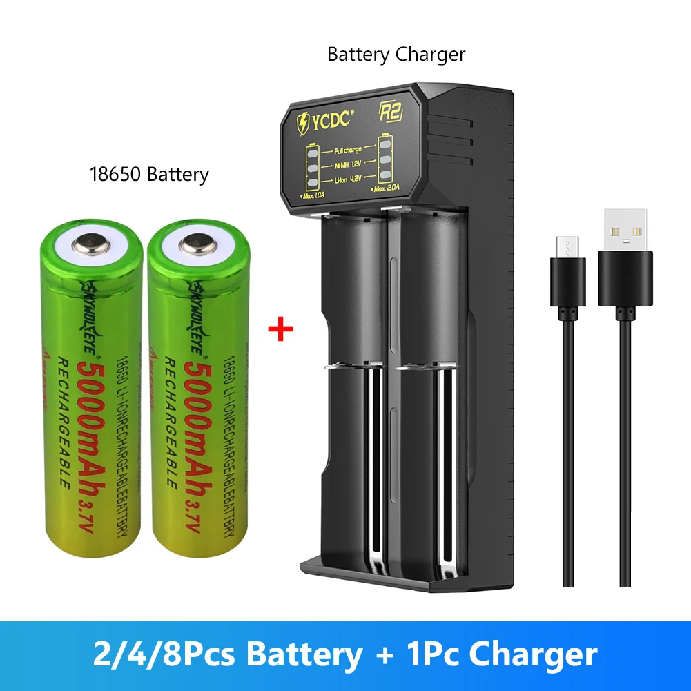 

Литий-ионный аккумулятор 18650, 3,7 в, 5000 мАч, перезаряжаемый аккумулятор для фонарика, фонарь фонарика + 18650/универсальный, с двойным зарядным ус...