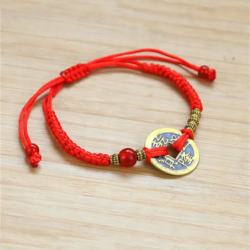 

1 Pc Men's And Women's Lucky Year Red Hand Rope Hand-woven Feng Shui Yijing Ancient Coins Red Rope Bracelet