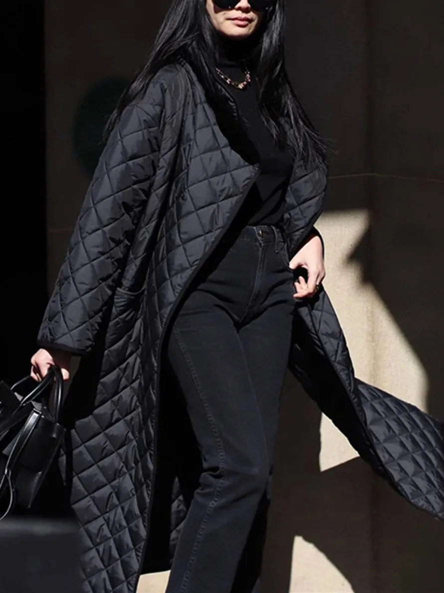 

Quilted Argyle Women Silhouette Mid-Length Coat Fall Winter 2022 Long Sleeve Turn-Down Collar Hem Slit Loose Lady Parkas Jacket