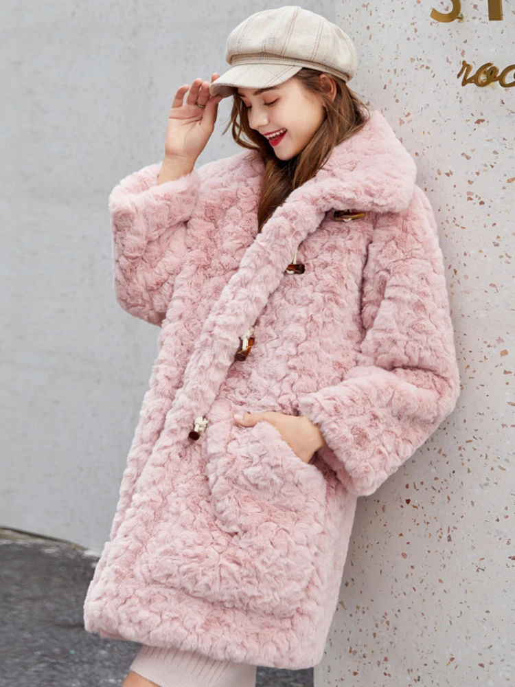 Fashion Loose Warm Faux Rabbit Fur Coats Women 2022Winter Elegant Horn Button Sweet Coat Casual Imitation Fur Mid-length Outwear