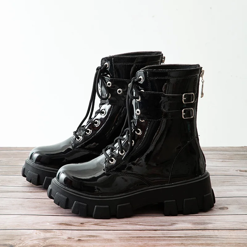 Platform Patent Leather Boots Rivet Women Autumn Punk Motorcycle Boots Block Gothic Thick Sole Shoes Women Mid-Calf Boots