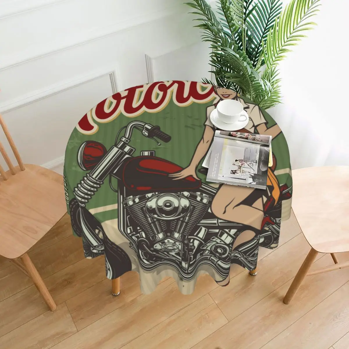 

Round Tablecloth Vintage Motorcycle Repair With Girl Cover Washable Table Cloth for Tea Table