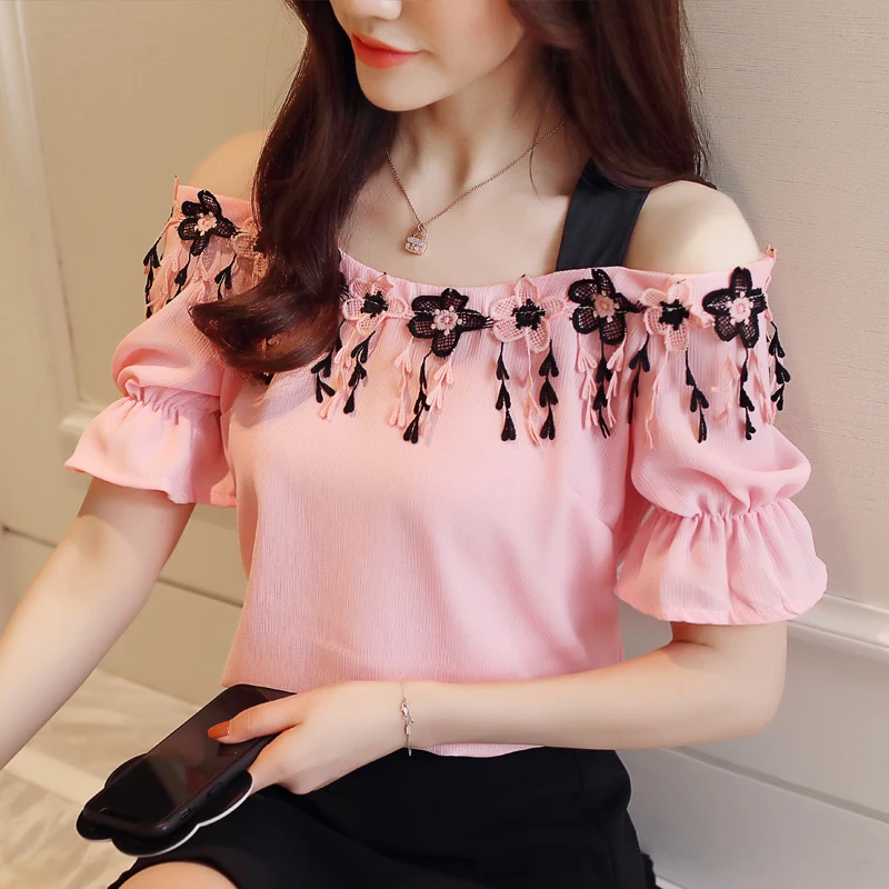 Женская шифоновая блузка топ с открытыми плечами и вырезом-лодочкой коротким