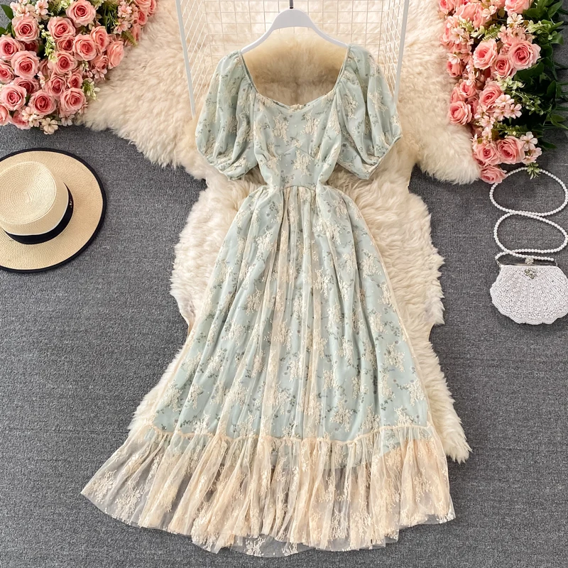 

Summer Palace Sweet Ruffles Floral Print Lace Dress Women Square Collar Puff Sleeve Mesh Dress Female A Line Long Party Vestidos