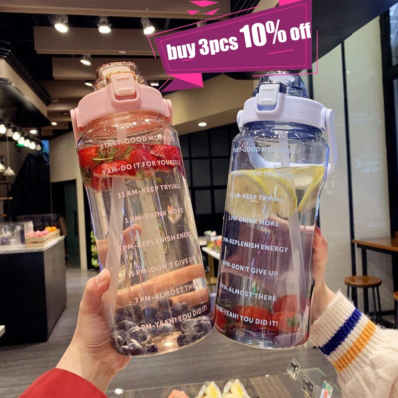 2 Liters Water Bottle with Time Marker Reusable Outdoors Sports Drinking Bottle Portable Plastic Cups with Straw High-capacity
