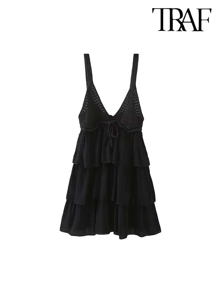 

TRAF Черное платье-комбинация с оборками, женские трикотажные короткие платья с вырезом для женщин, летнее трикотажное мини-платье с открытой спиной, привлекательные женские платья