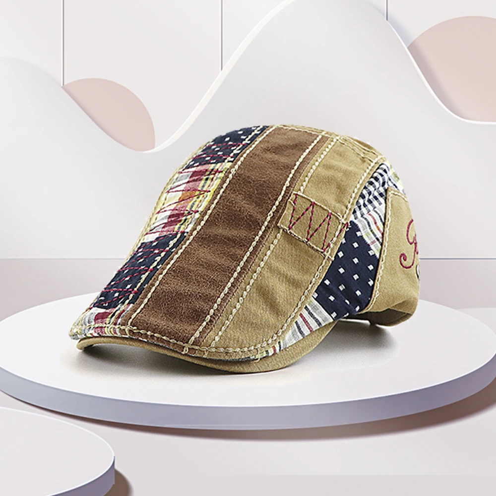 

Men's Flat Top Beret Adjustable Splicing Cap Visor Spring and Autumn Brand Button Type Men's Cotton Hat Pointed Hat Casual