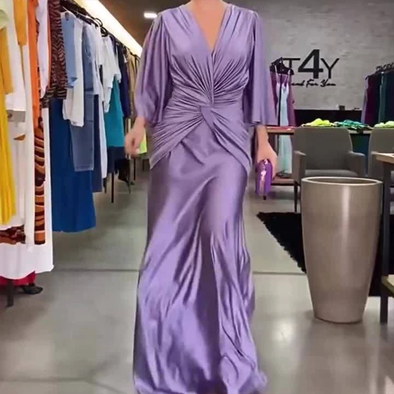 

Sexy V-neck Twist Knot Long Satin Dresses Spring Elegant Long Sleeve Draped Female Maxi Dress Women Casual Pleat Party Dress