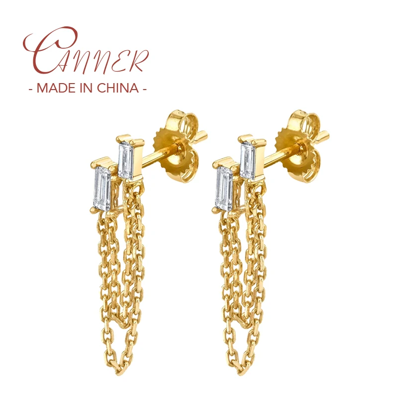 

CANNER 1PCS Colorful Rectangle Zircon Drop Earring 925 Sterling Silver Double Layer Long Chain Earrings For Women Girls Jewelry