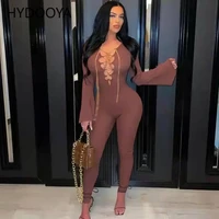 fashion metal chain lace up hollow skinny jumpsuit for women sexy v neck long flare sleeve ribbed knitted elastic hight bodysuit