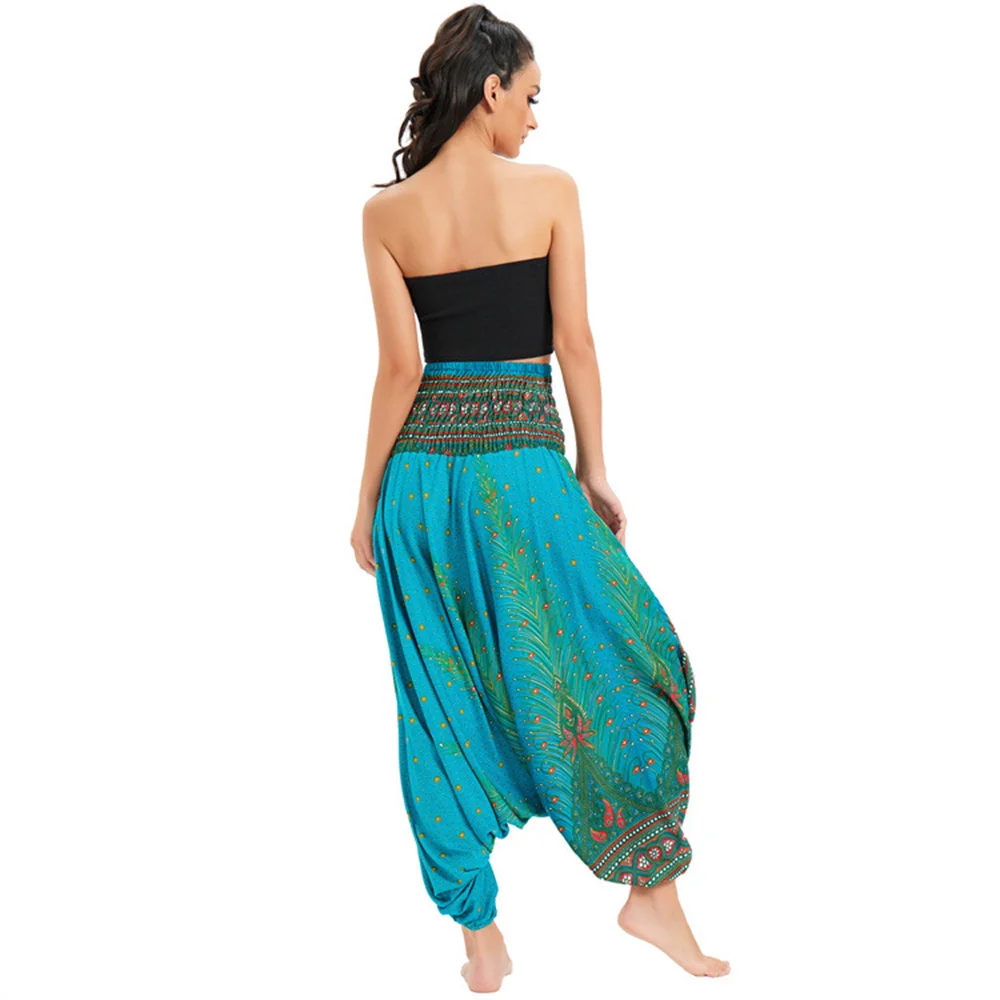 2022 Elastic High Waist Vintage Harem Big Crotch Pants Women Bohemian Floral Print Long Yoga Trousers Boho Beach Jumpsuits