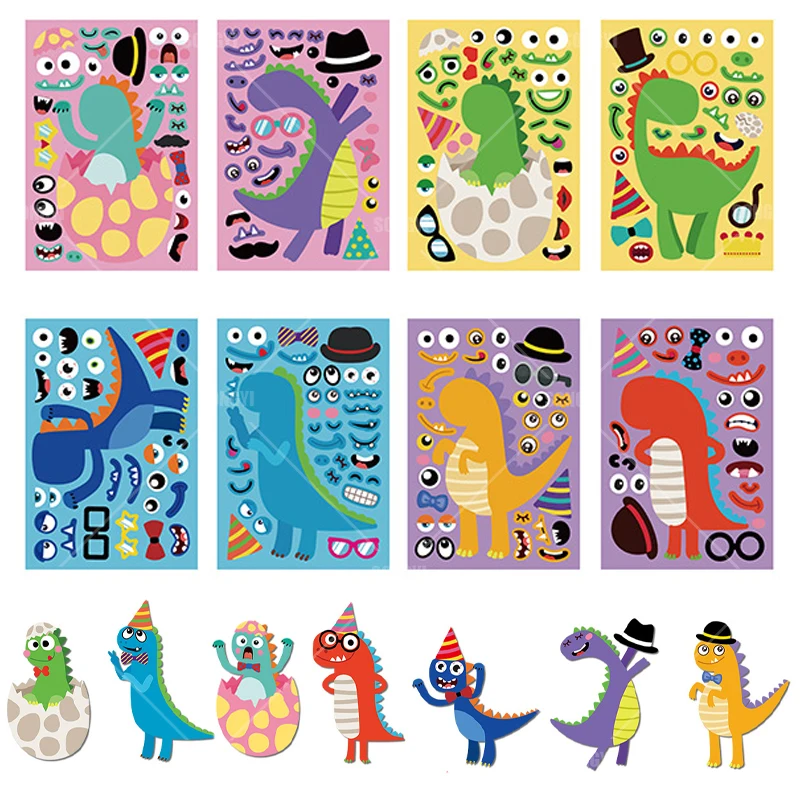 

24Pcs DIY Stickers Cute Animal Dinosaur Funny Facial Expressions for Girls Boys Children Creation Learning Education Toys