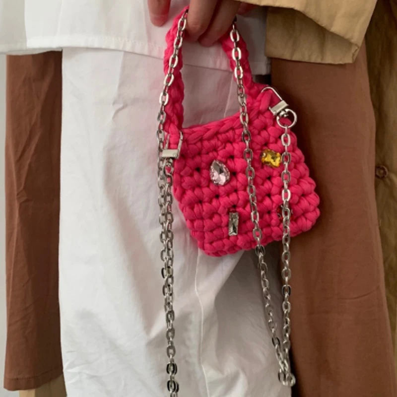 

Новые Хлопковые вязаные женские сумки, женская сетчатая ажурная мини сумка-тоут с бриллиантами, Женская плетеная Сумка с ручками