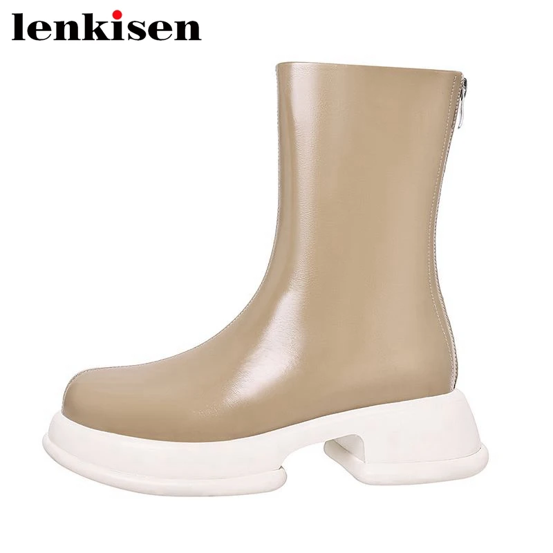 

Lenkisen Genuine Leather Med Heels Vintage Simple Style Chelsea Boots Keep Breathable Warm Zip Brand Comfortable Ins Ankle Boots