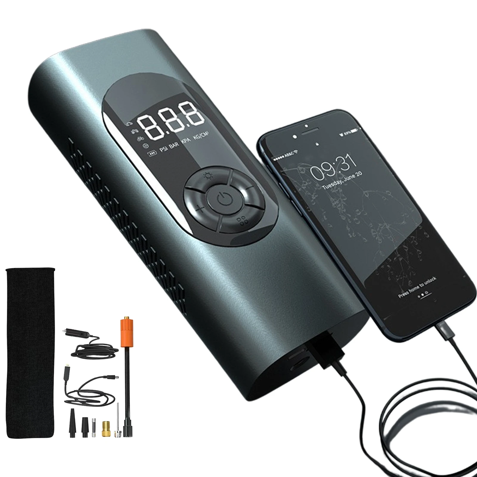 

Насос для шин с цифровым манометром, портативный со светодиодной подсветкой, подходит для электронных велосипедов и шаров