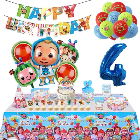 Cocomelon Birthday Party Decoration Foil Balloons Disposable Tableware For Kids Party Supplies Cup Banner Backdrop Latex Balloon
