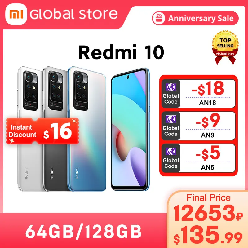 Global Version Xiaomi Redmi 10 64GB/128GB New Smartphone 50MP AI Quad Camera 90Hz FHD Display MediaTek Helio G88 Octa Core