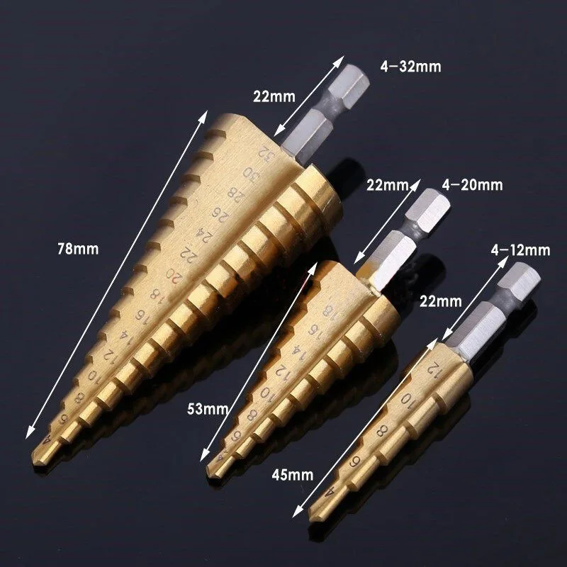 

4-12 4-20 Hexagonal Handle Straight Groove Step Drill Pagoda Drill Triangle Handle Table High Speed Steel Bit Reamer Set