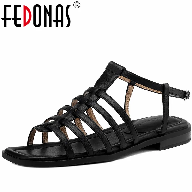 

FEDONAS Newest Retro Rome Style Women Sandals Summer Genuine Leather Gladiators Low Heels Casual Working Narrow Band Shoes Woman