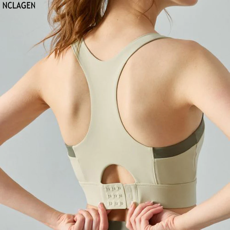 

NCLAGEN Sports Bra Chest Pad Seamless Buckle Workout Yoga Vest Running Sexy Quick Dry Breathable Tank Fitness Top Women
