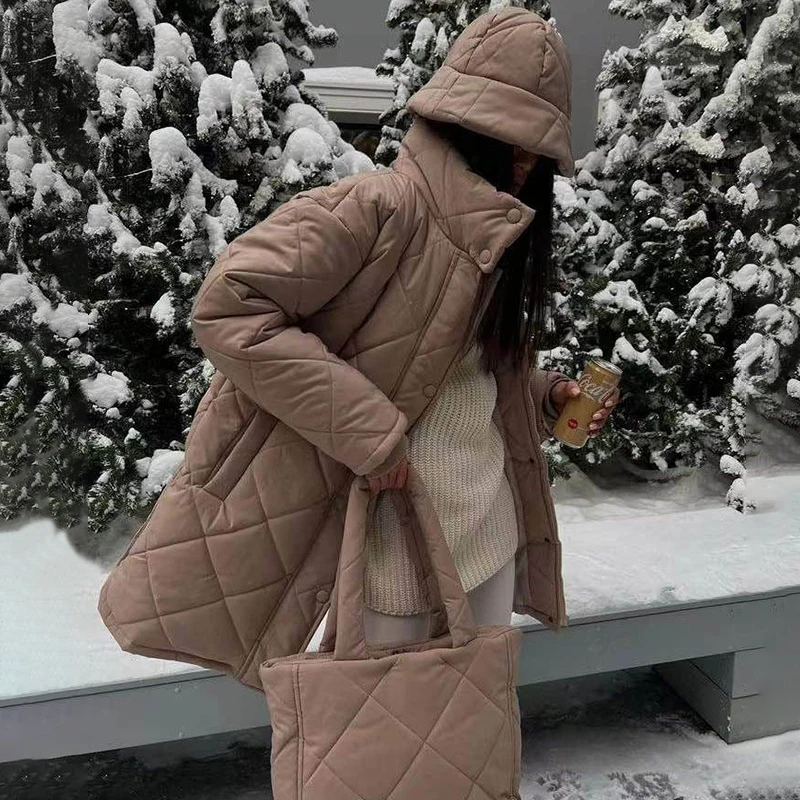 Ardm Casual High Collar With Rhombus Pattern Coat Long Sleeve Top Winter Jacket Women 2022 Parkas Straight Down Cotton Outwear