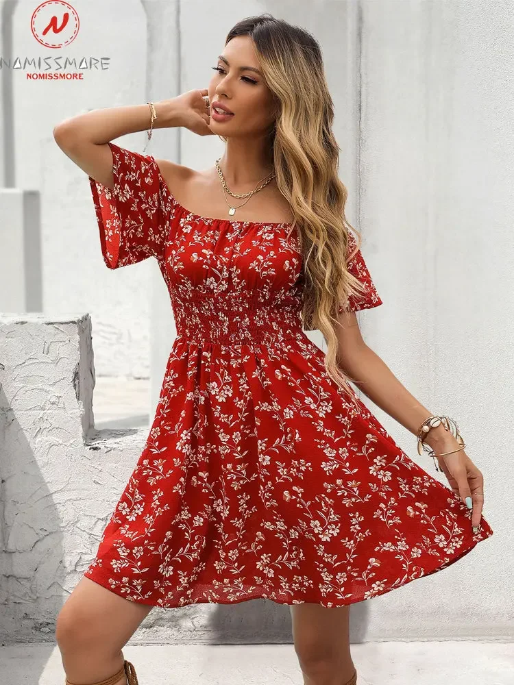 

Fashion Women Summer Print A-Line Dress Patchwork Design Slash Neck Short Sleeve Elastic High Waist Slim Mini Dress