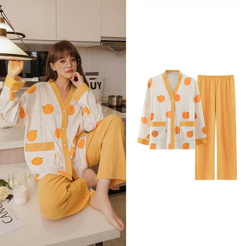 Women's Pajama Spring Autumn Long Sleeve Cardigan Trousers Set Simple Ladies Two-Piece Suit Plus Size Nightwear Home Clothes