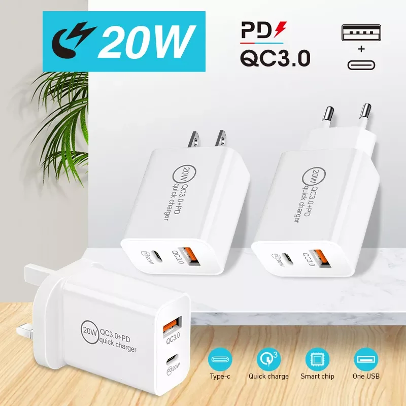 

Dual USB Type C Charger Adapter 20W PD QC3.0 Fast Charging Port Type-C For iPhone Samsung Huawei Xiaomi LG 2 In 1 Quick Chager