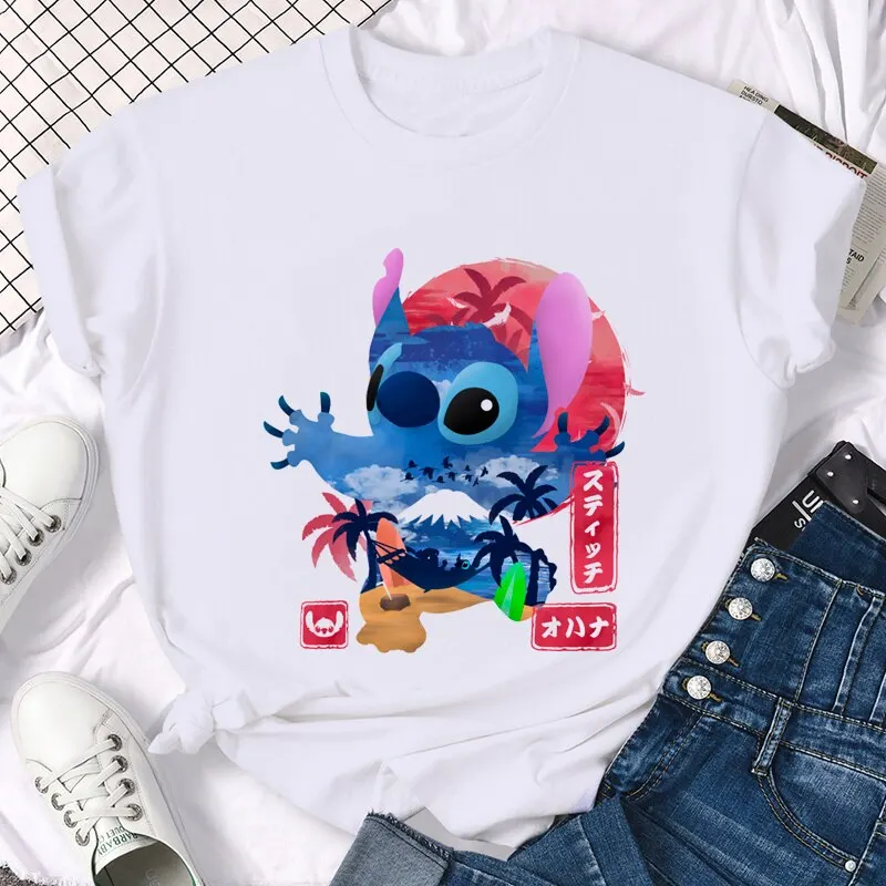 

Disney Kawaii Lilo Stitch Funny Cartoon T Shirt Women Stitch Cute Manga T-shirt Y2k Graphic Streetwear Top Tees Female