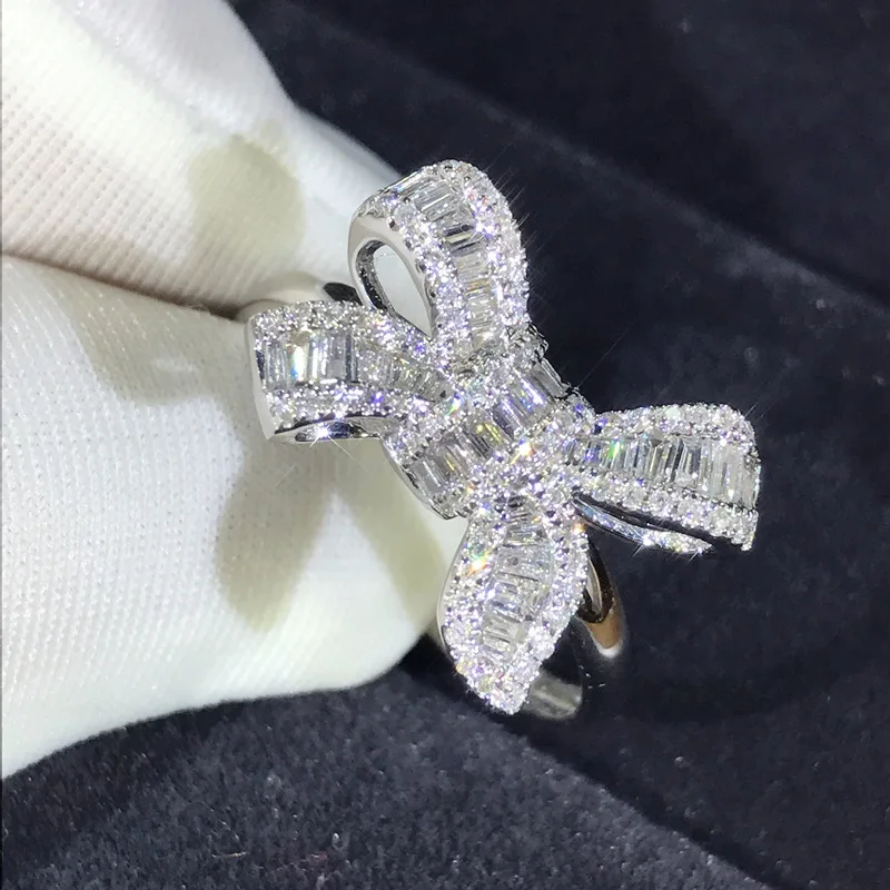 

Foydjew New Fashion Cute Bowknot Design Rings Crystal Silver Color Ring Shiny Zircon Wedding Engagement Jewelry For Women