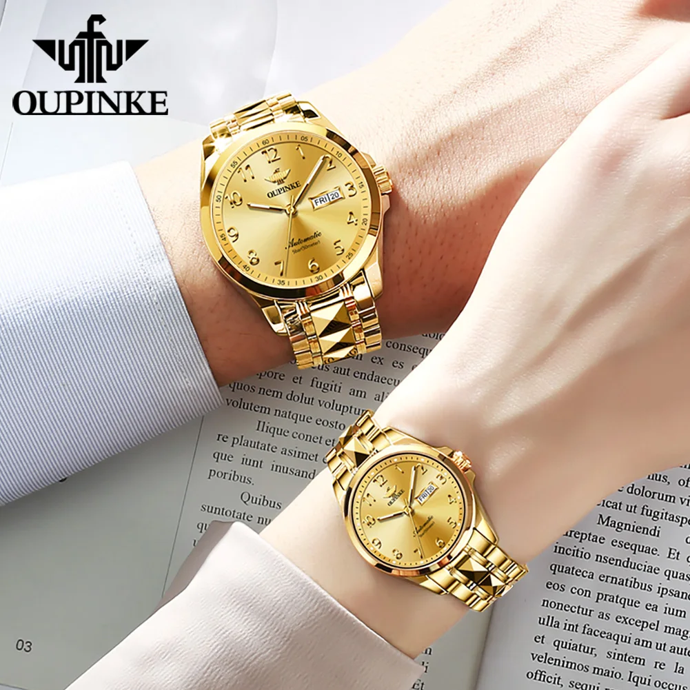 OUPINKE Luxury Digital Gold Couple Watch luminous Fashion Business Automatic Mechanical Necklace Bracelet Couple Watch Set