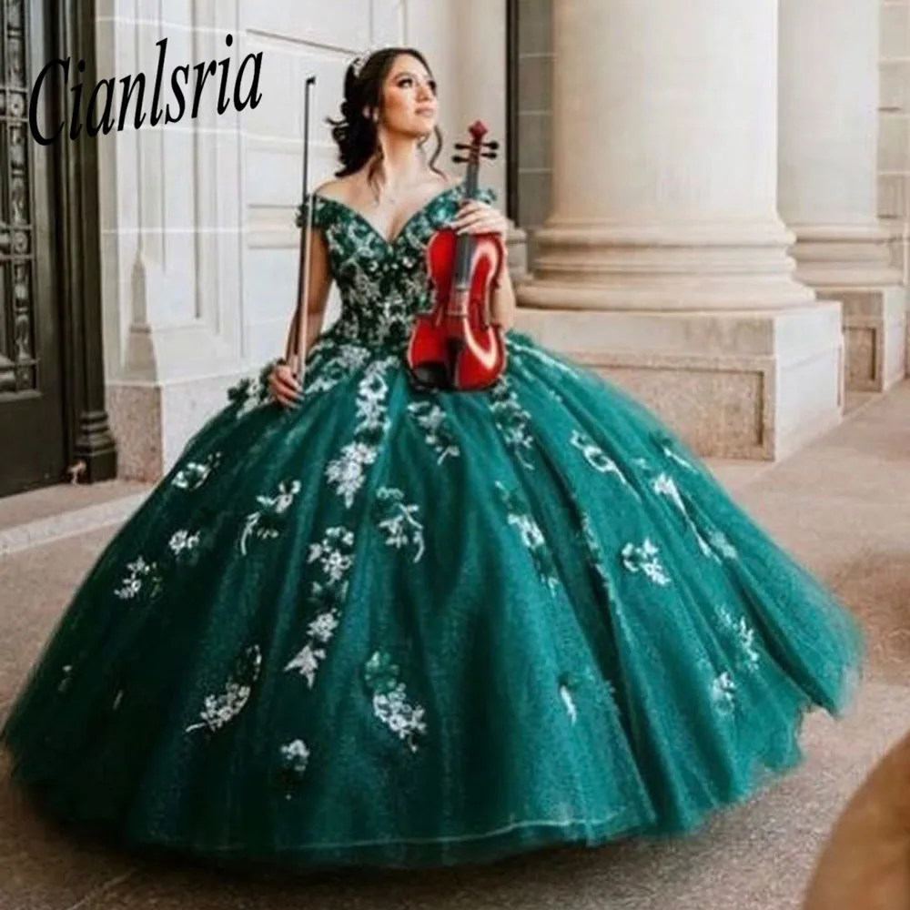 

Зеленые платья для Quinceanera Emarled, милое бальное платье 16 дюймов, 2022, кружевные аппликации с открытыми плечами, пышное празднивечерние платье пр...