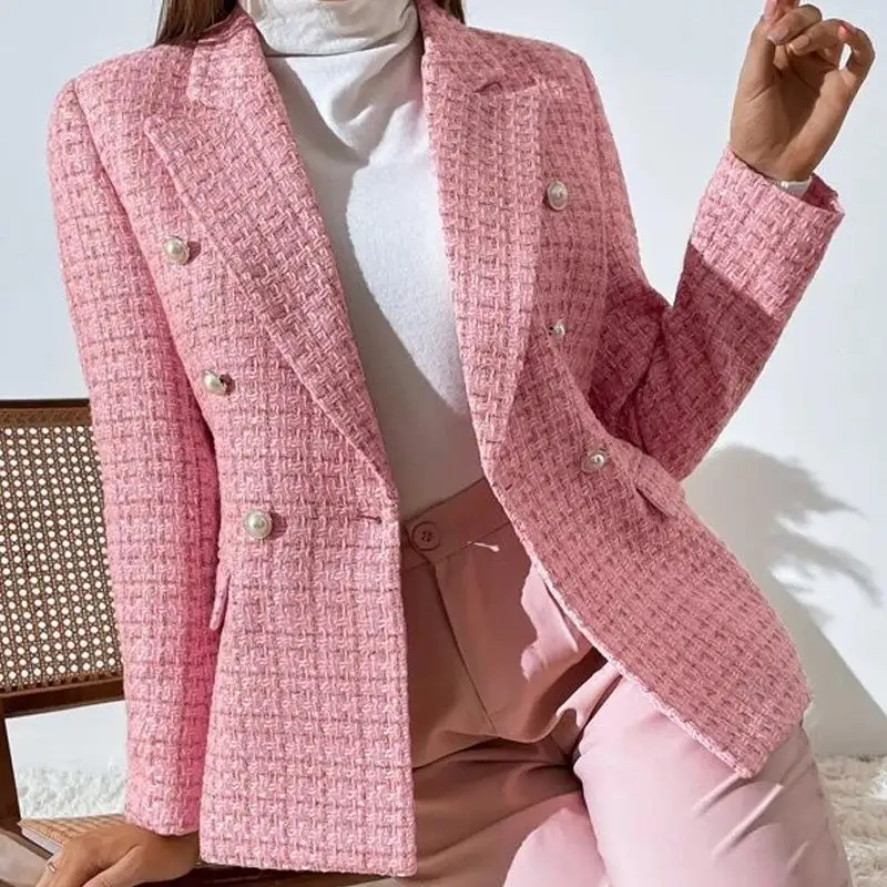 

Women's solid coarse blended double-breasted suit jacket Long sleeve pocket coat Autumn winter 2022 new suit jacket