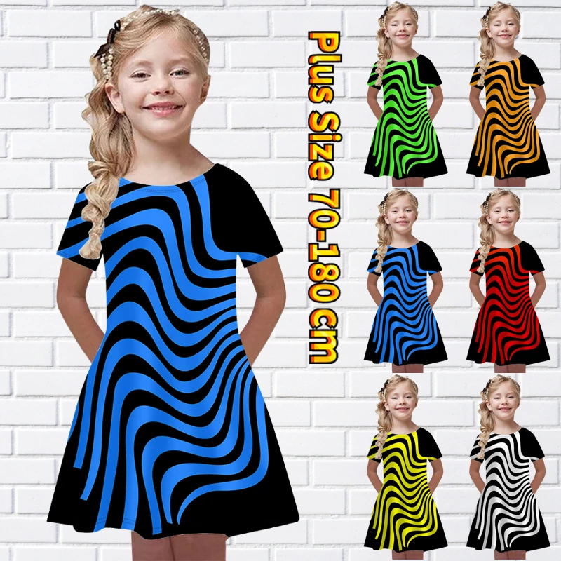 

Юбка До Колена с принтом, модная юбка принцессы большого размера с коротким рукавом, летняя миди-юбка для маленькой девочки с круглым вырезом