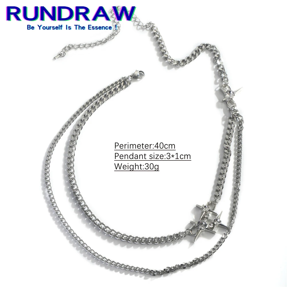 

Rundraw Hip Hop Goth Silver Color Double Chain Stat Pendant Necklace For Fashion Punk Women Men Party Jewelry Gift
